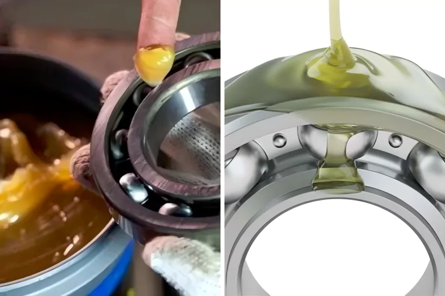 The picture shows two lubrication methods for bearings, lubricating oil and grease