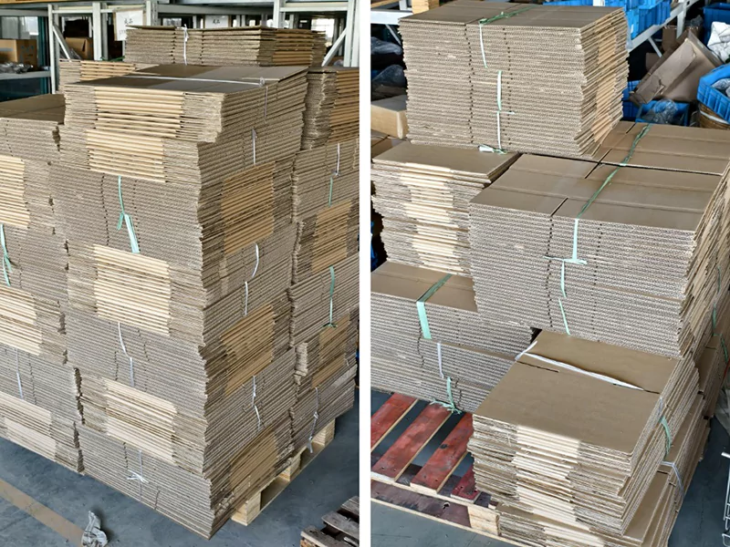 The picture shows a pallet of cardboard packaging