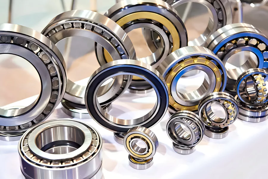 The picture shows a table with various types of bearings placed on it
