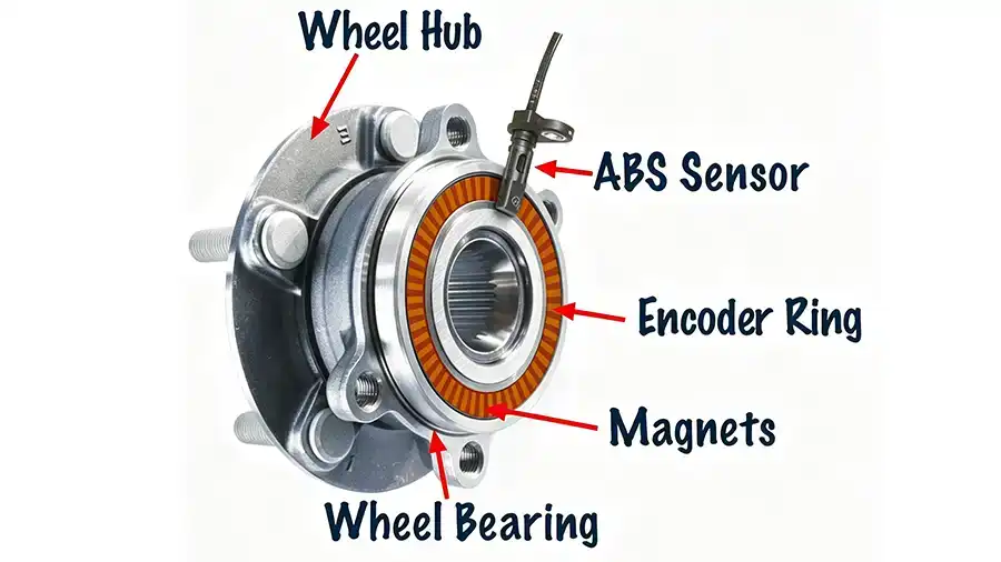 Wheel hub assembly with integrated ABS sensor and encoder ring